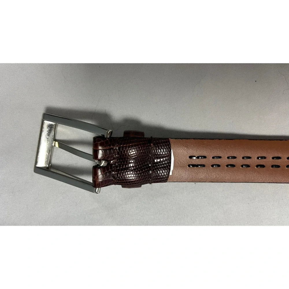 Brown Lizard Embossed Leather Belt with Braided Inlay Silver Buckle‎ 46 Inch